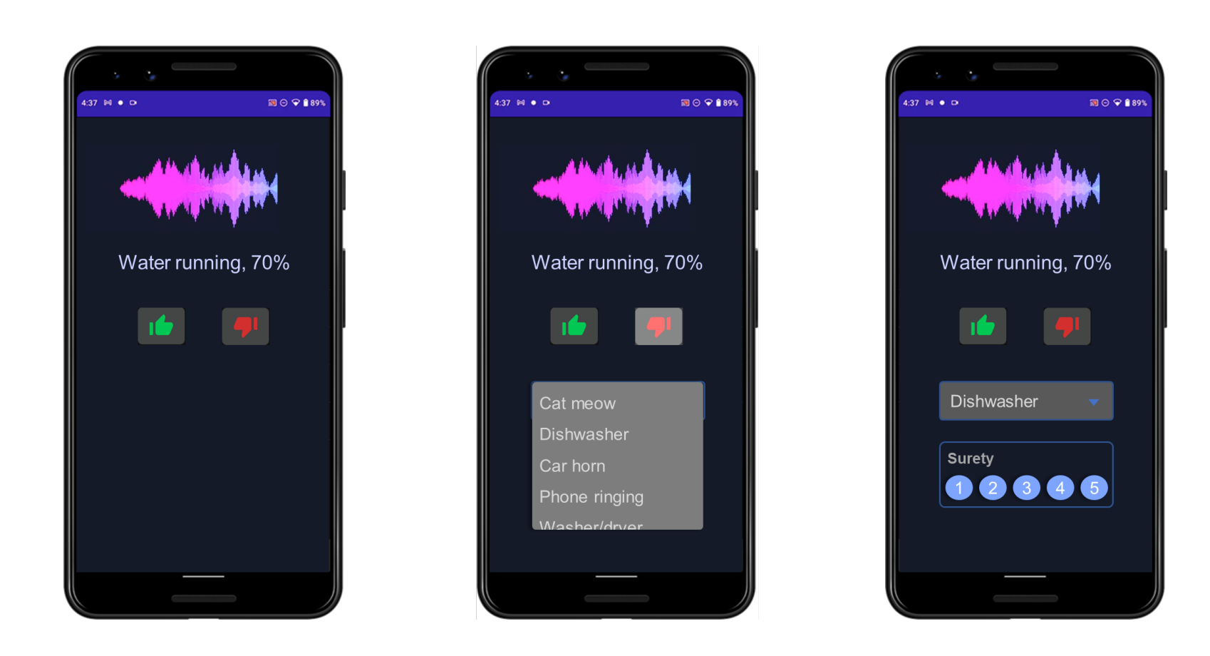 AdaptiveSound interface showing sound predictions and feedback controls